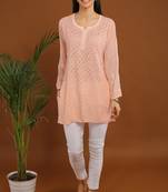 Peach chikankari viscose georgette short kurti