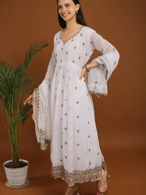 White thread work anarkali suit 2