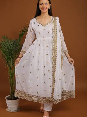 White thread work anarkali suit 4