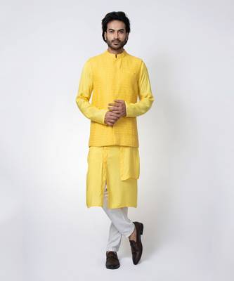 Yellow cotton silk mens bundi set 1