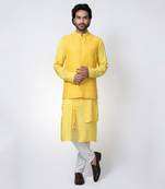 Yellow cotton silk mens bundi set