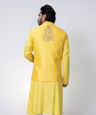 Yellow cotton silk mens bundi set 2
