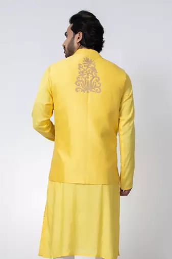Yellow cotton silk mens bundi set