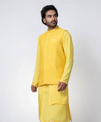 Yellow cotton silk mens bundi set 3