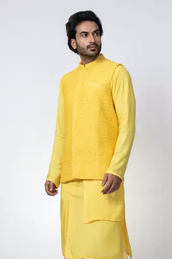 Yellow cotton silk mens bundi set