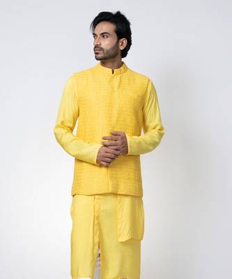 Yellow cotton silk mens bundi set 4