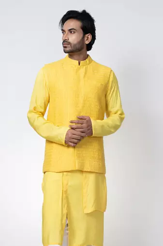 Yellow cotton silk mens bundi set