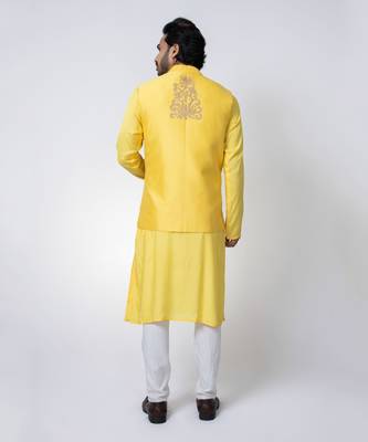 Yellow muslin mens kurta with bundi set 2