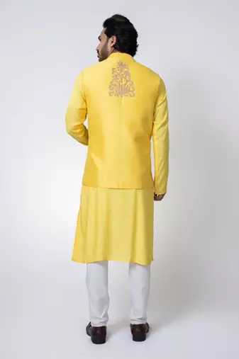 Yellow muslin mens kurta with bundi set