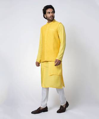 Yellow muslin mens kurta with bundi set 3