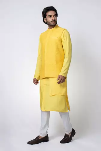 Yellow muslin mens kurta with bundi set