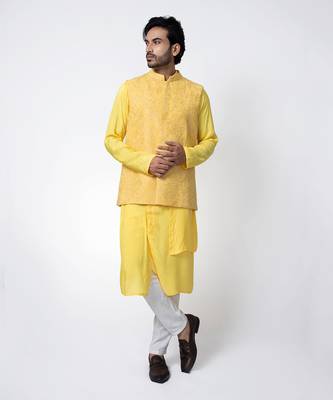 Yellow cotton silk mens bundi set 1