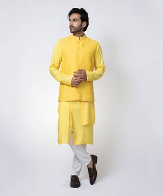Yellow muslin mens kurta with bundi set 4