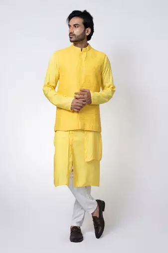 Yellow muslin mens kurta with bundi set