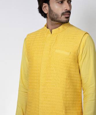 Yellow muslin mens kurta with bundi set 5