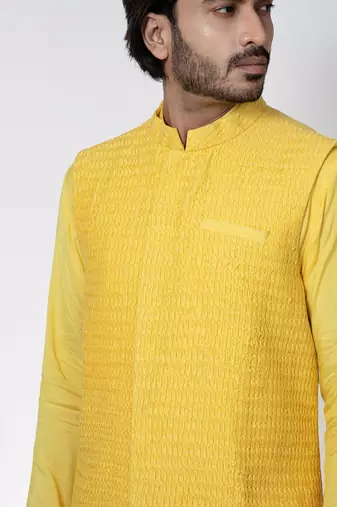 Yellow muslin mens kurta with bundi set
