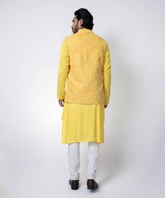 Yellow cotton silk mens bundi set 2
