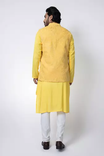 Yellow cotton silk mens bundi set