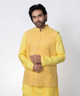 Yellow cotton silk mens bundi set 3