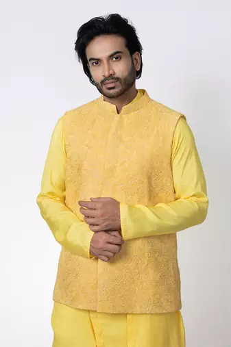 Yellow cotton silk mens bundi set