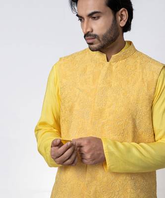 Yellow cotton silk mens bundi set 4
