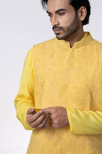 Yellow cotton silk mens bundi set