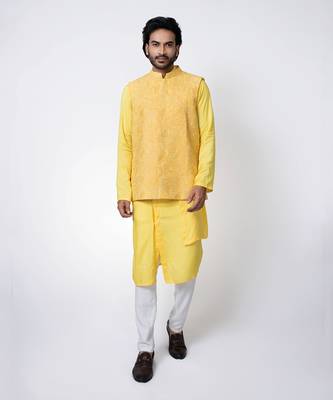 Yellow muslin mens kurta with bundi set 1