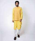 Yellow muslin mens kurta with bundi set