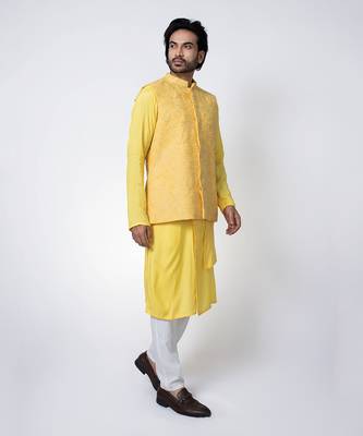 Yellow muslin mens kurta with bundi set 2