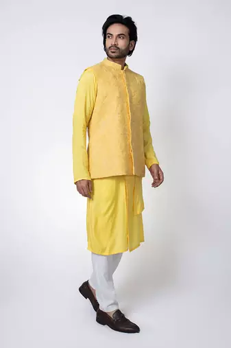 Yellow muslin mens kurta with bundi set