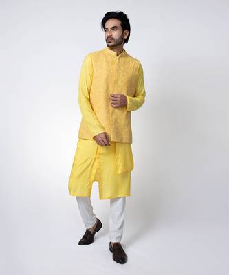 Yellow muslin mens kurta with bundi set 3