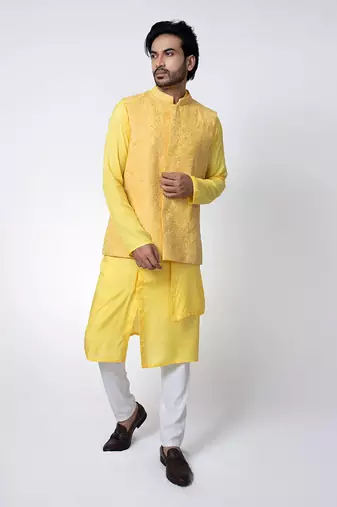 Yellow muslin mens kurta with bundi set