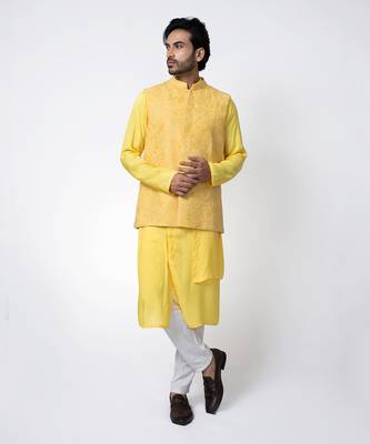 Yellow muslin mens kurta with bundi set 4