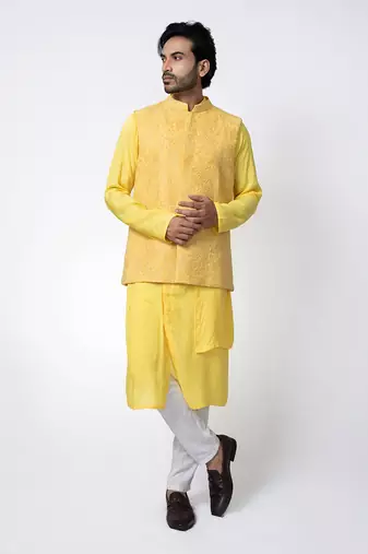 Yellow muslin mens kurta with bundi set