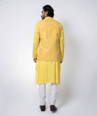 Yellow muslin mens kurta with bundi set 5