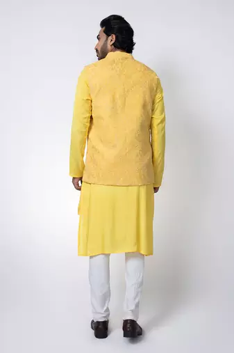 Yellow muslin mens kurta with bundi set