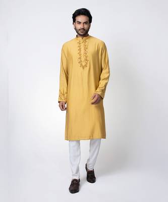 Mustard yellow cotton silk mens kurta set 1