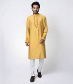 Mustard yellow cotton silk mens kurta set