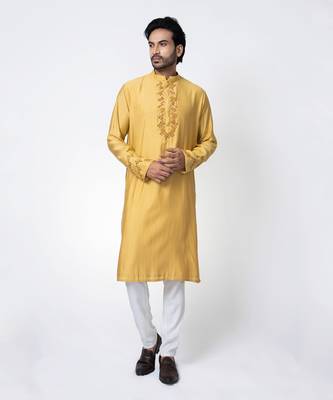 Mustard yellow cotton silk mens kurta set 2