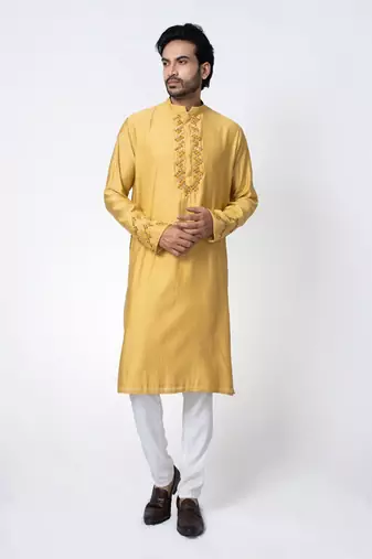 Mustard yellow cotton silk mens kurta set