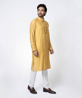 Mustard yellow cotton silk mens kurta set 3
