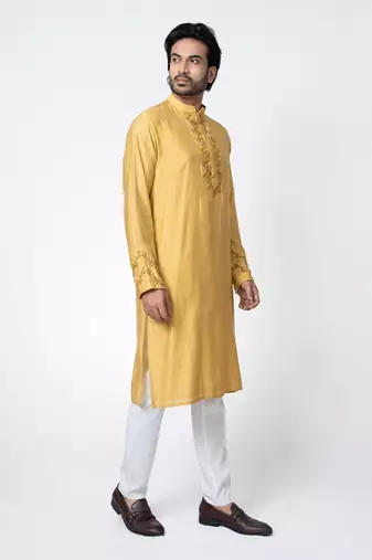Mustard yellow cotton silk mens kurta set