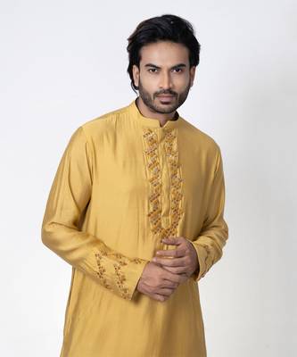Mustard yellow cotton silk mens kurta set 4