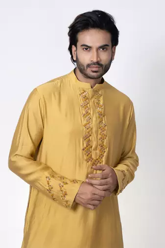 Mustard yellow cotton silk mens kurta set