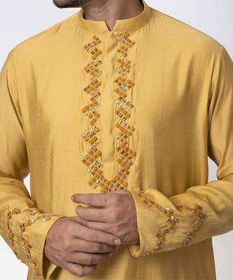 Mustard yellow cotton silk mens kurta set 5