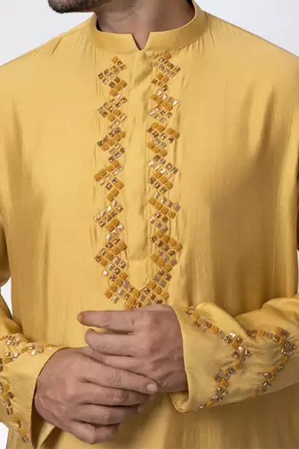 Mustard yellow cotton silk mens kurta set