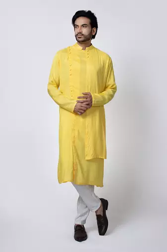 Yellow muslin mens kurta  set