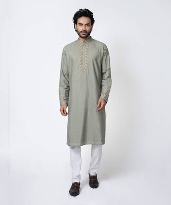 Grey cotton silk mens kurta set 1