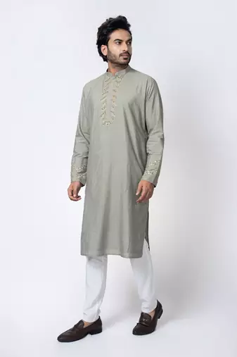 Grey cotton silk mens kurta set
