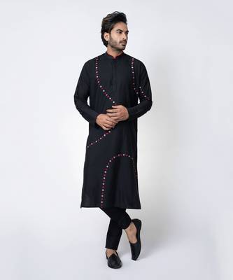 Black cotton silk mens kurta set 1